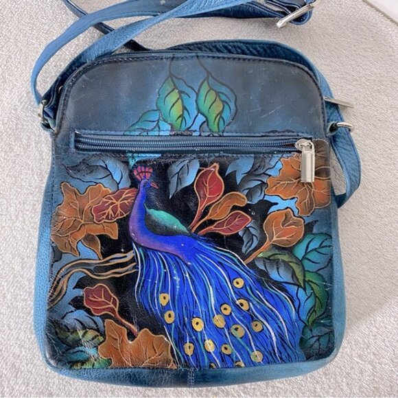 Vintage 90’s Biacci Hand Painted Peacock On Leather Crossbody Shoulder Bag Purse - Picture 2 of 16